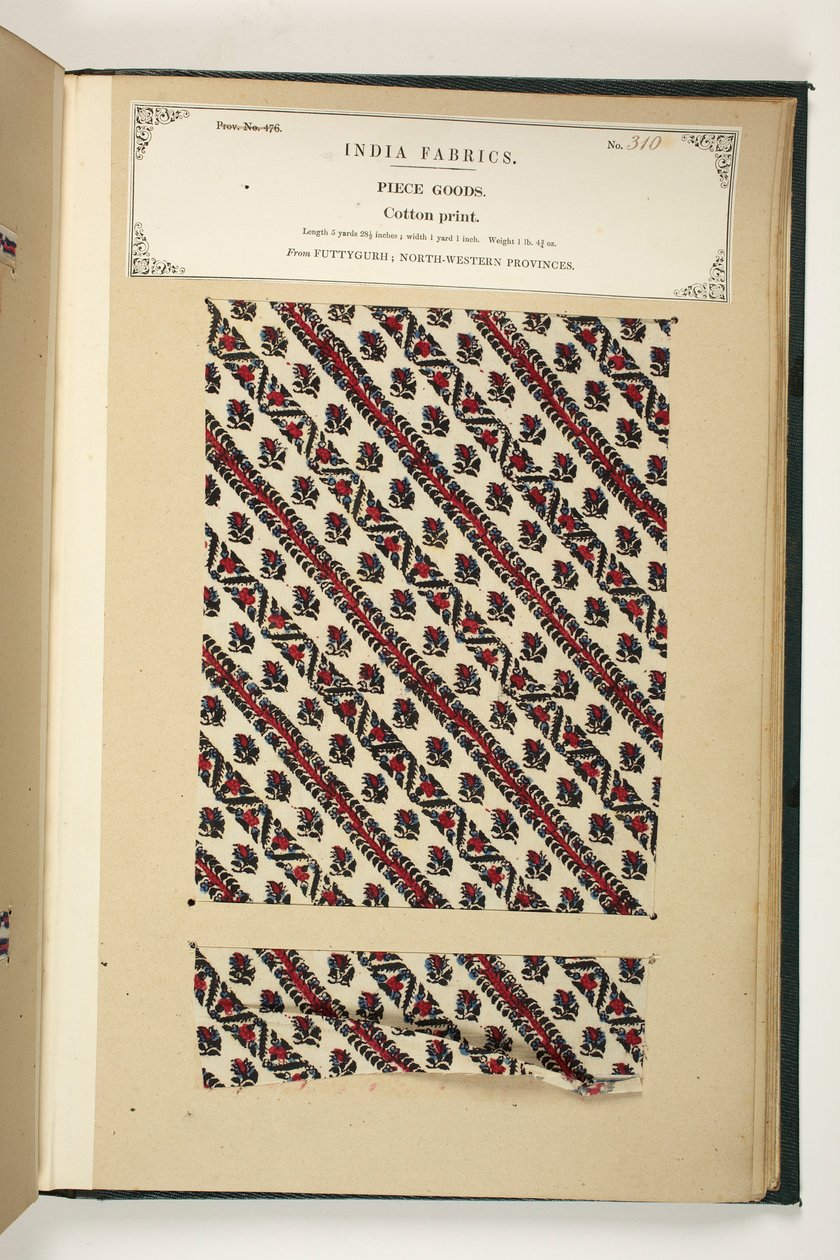 Cotton Print, Fatehgarh, Uttar Pradesh, Intia, Piece Goods, nro 310 kokoelmasta "The Collection of the Textile Manufacturers of India", kirjoittanut John Forbes Watson, julkaistu vuonna 1866 (sekoitettu media) tekijältä Indian School