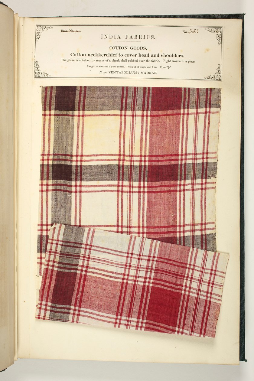 Puuvillainen kaulahuivi pään ja hartioiden peittoon Madrasin Ventapollumista, John Forbes Watsonin teoksesta The Collection of the Textile Manufacturers of India, julkaistu vuonna 1866 (sekoitettu media) tekijältä Indian School