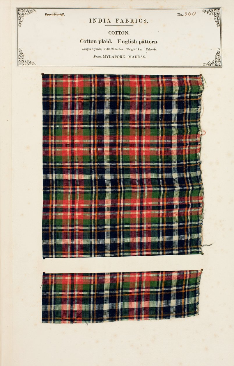 Puuvillaruudullinen näyte Mylaporesta Madrasista, kokoelmasta The Collection of the Textile Manufacturers of India, kirjoittanut John Forbes Watson, julkaistu vuonna 1866 tekijältä Indian School