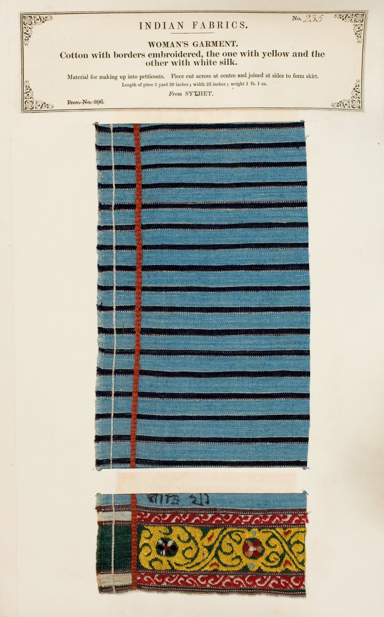 Sylhetin valkoisella ja keltaisella silkillä brodeerattu puuvillanäyte, The Collection of the Textile Manufacturers of India, John Forbes Watson, julkaistiin vuonna 1866 tekijältä Indian School