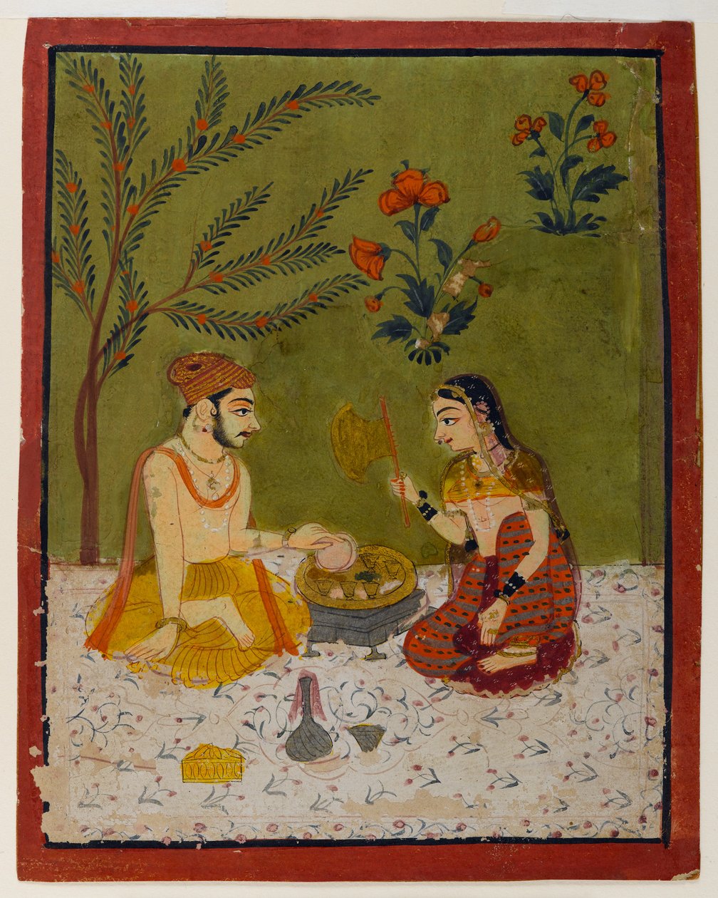 Pari istuu puun alla, n. 1700 (wc ja kultaa paperilla) tekijältä Indian School
