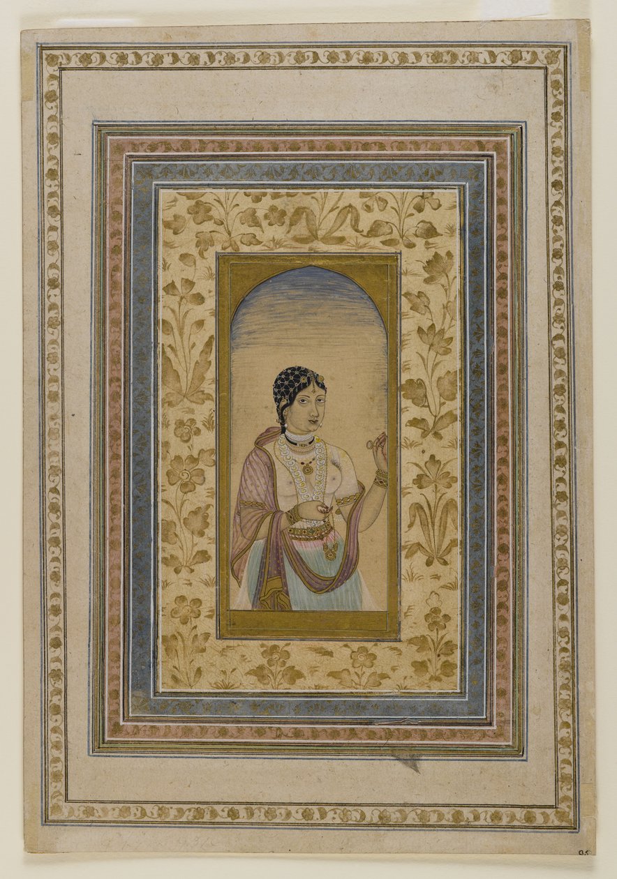 Kurtisaani ikkunassa, 1700-luku (wc-, kulta- ja tussivärejä paperille). tekijältä Indian School