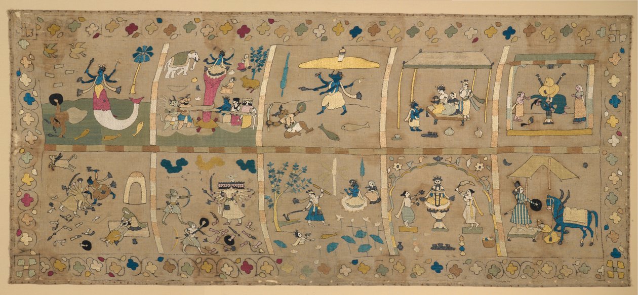 Das Avatars (Ten Avatars of Vishnu) (silkki- ja metallilangat brodeerattu puuvillakankaalle) tekijältä Indian School
