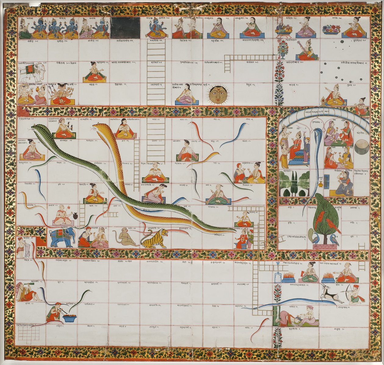 Suunnittelu Snakes and Ladders -peliin, 1800 (guassi kankaalle kiinnitetylle paperille) tekijältä Indian School