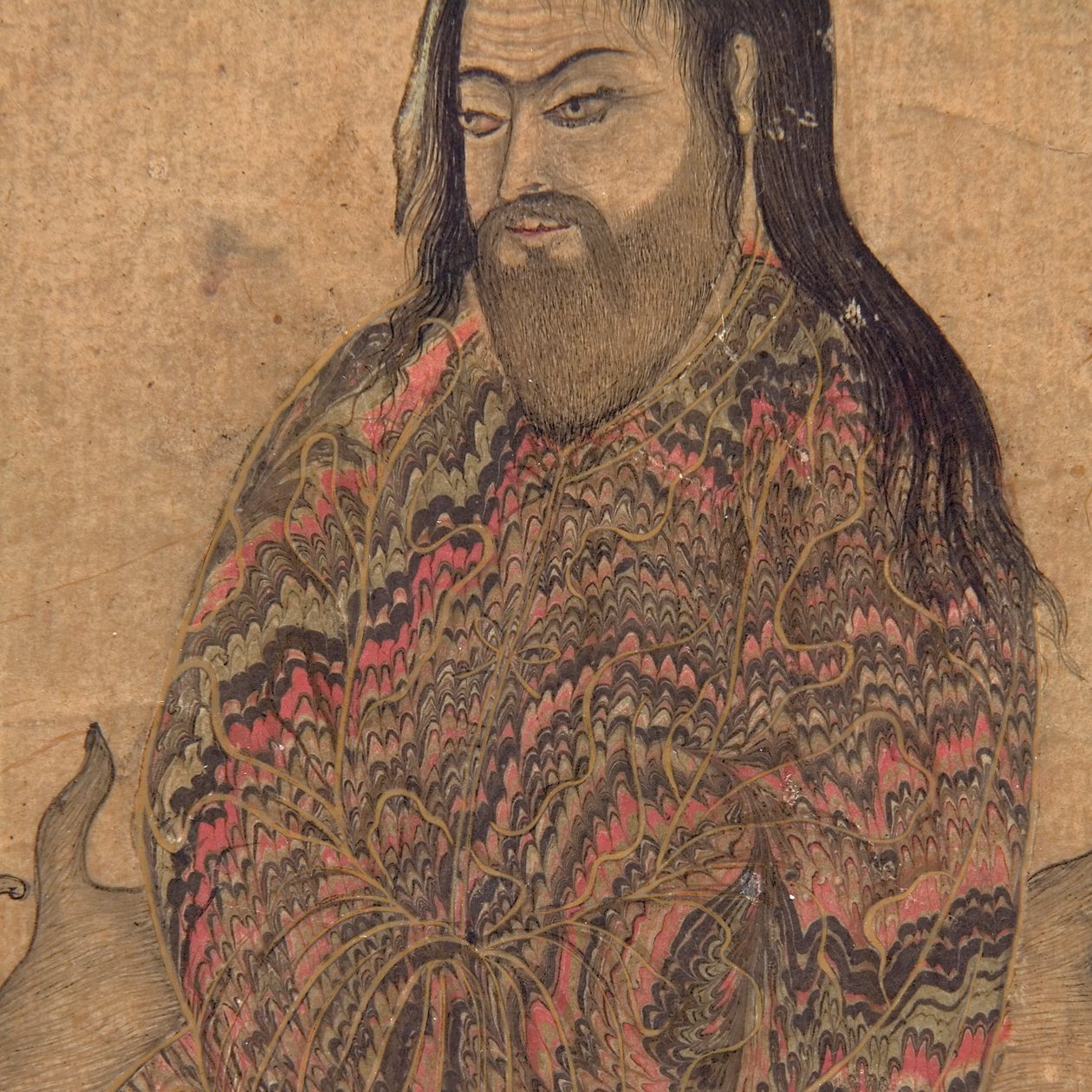 Yksityiskohta kirjasta A Dervish, Seated in Contemplation, n. 1650 (läpinäkymätön wc ja kultaa paperilla) tekijältä Indian School