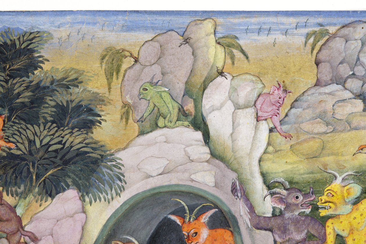 Yksityiskohta Demons in a Wild Landscapesta, n. 1600 (läpinäkymätön wc ja kultaa paperilla) tekijältä Indian School
