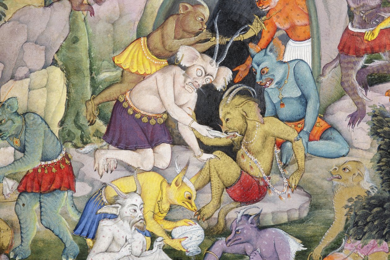 Yksityiskohta Demons in a Wild Landscapesta, n. 1600 (läpinäkymätön wc ja kultaa paperilla) tekijältä Indian School
