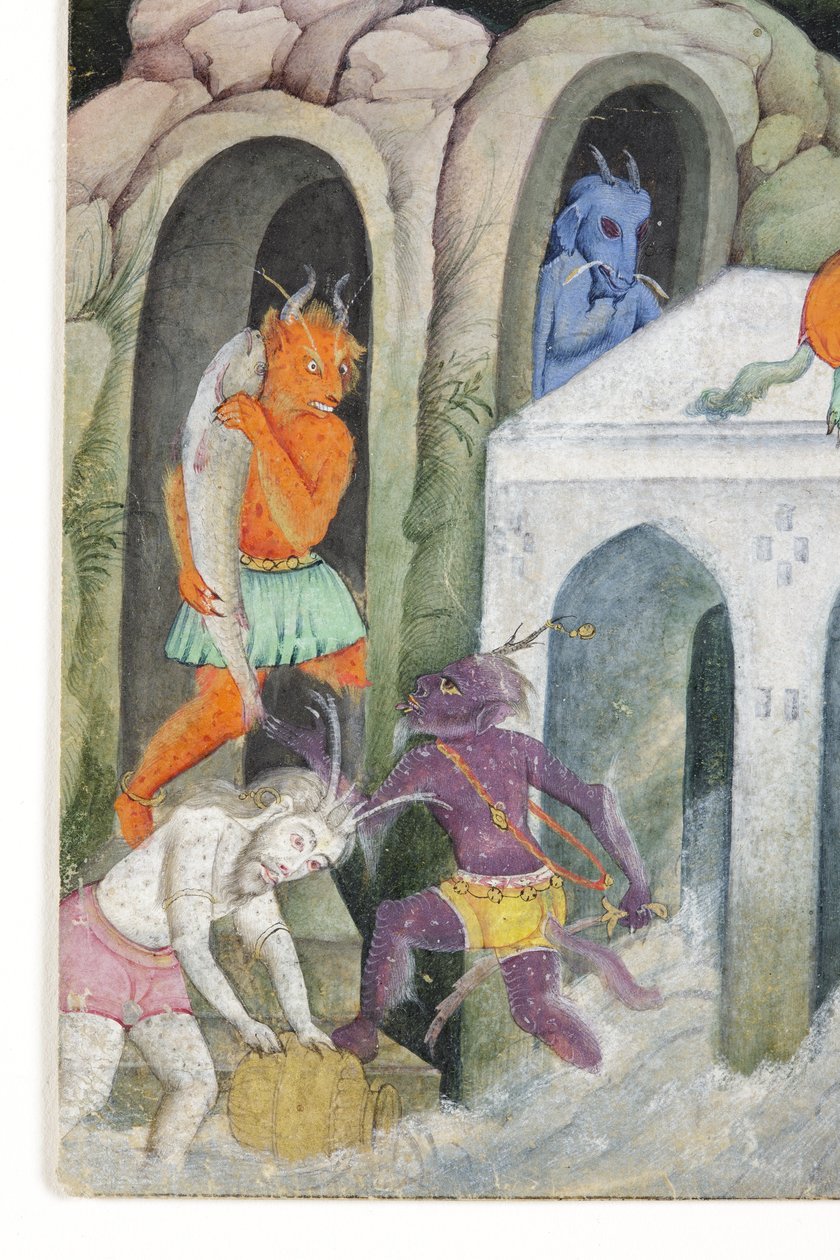 Yksityiskohta Demons in a Wild Landscapesta, n. 1600 (läpinäkymätön wc ja kultaa paperilla) tekijältä Indian School