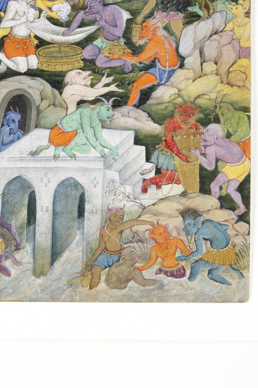 Yksityiskohta Demons in a Wild Landscapesta, n. 1600 (läpinäkymätön wc ja kultaa paperilla) tekijältä Indian School