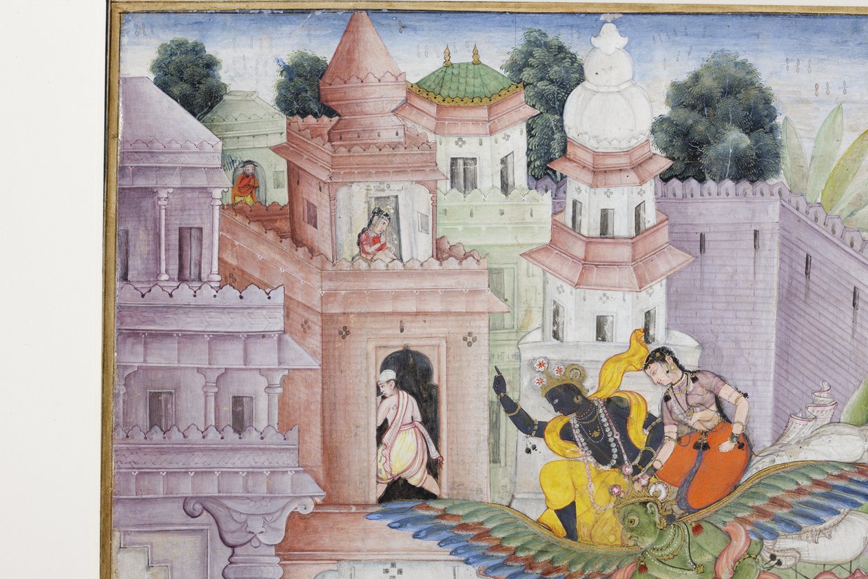 Yksityiskohta Krishna Cleaves the Demon Narakasura -levystä, n. 1585-1590 (läpinäkymätön wc ja kultaa paperilla) tekijältä Indian School