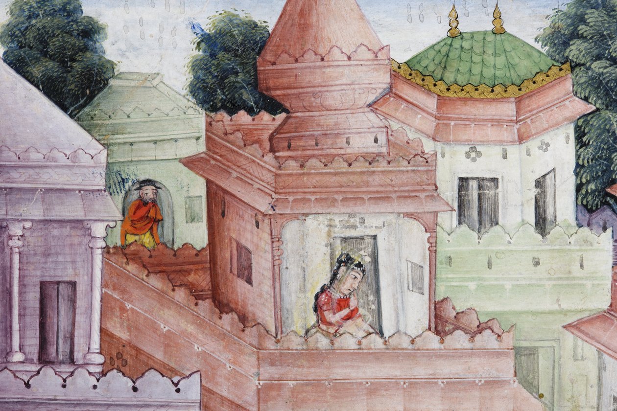 Yksityiskohta Krishna Cleaves the Demon Narakasura -levystä, n. 1585-1590 (läpinäkymätön wc ja kultaa paperilla) tekijältä Indian School