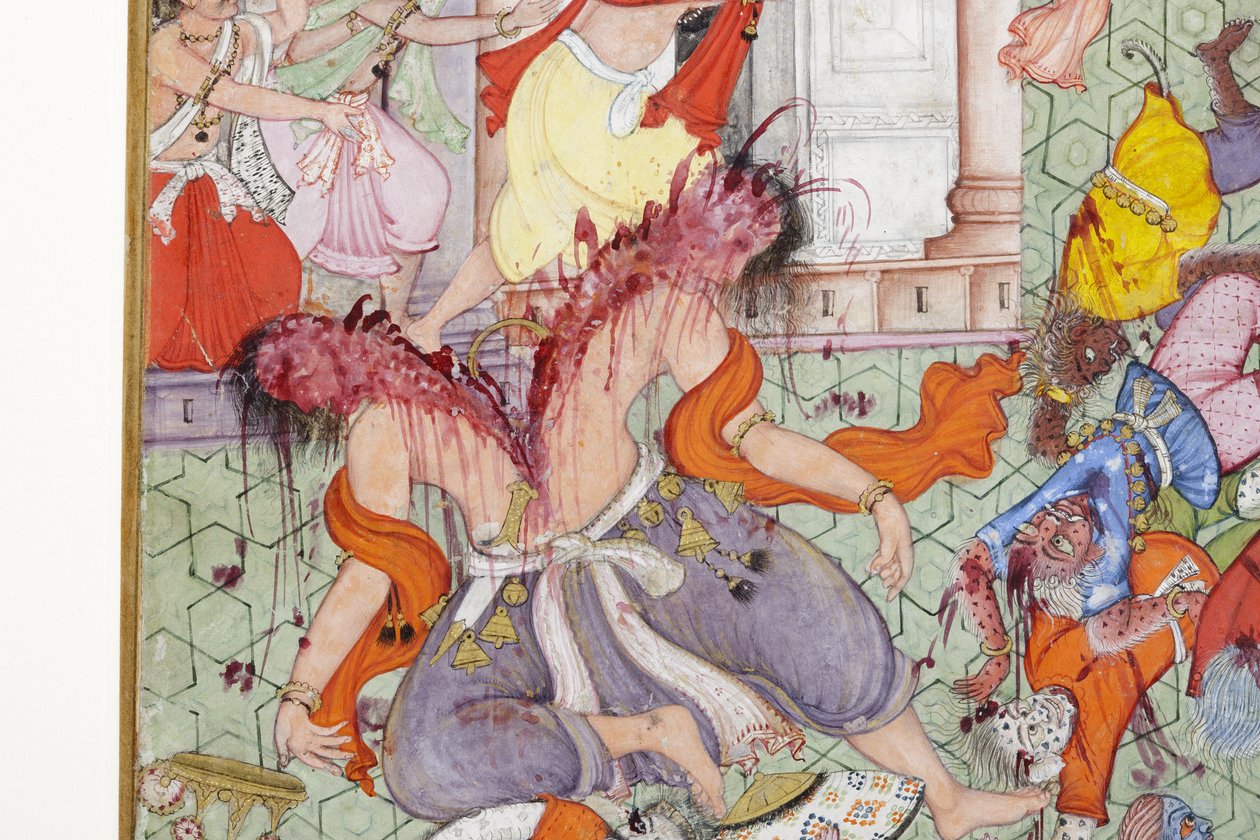 Yksityiskohta Krishna Cleaves the Demon Narakasura -levystä, n. 1585-1590 (läpinäkymätön wc ja kultaa paperilla) tekijältä Indian School