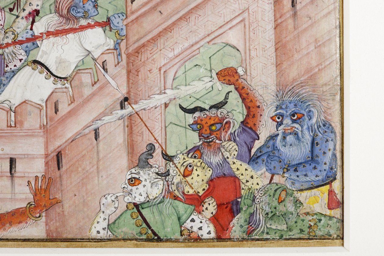 Yksityiskohta Krishna Cleaves the Demon Narakasura -levystä, n. 1585-1590 (läpinäkymätön wc ja kultaa paperilla) tekijältä Indian School