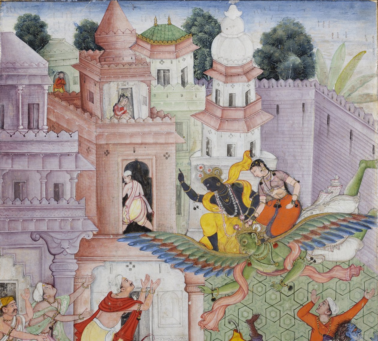 Yksityiskohta Krishna Cleaves the Demon Narakasura -levystä, n. 1585-1590 (läpinäkymätön wc ja kultaa paperilla) tekijältä Indian School