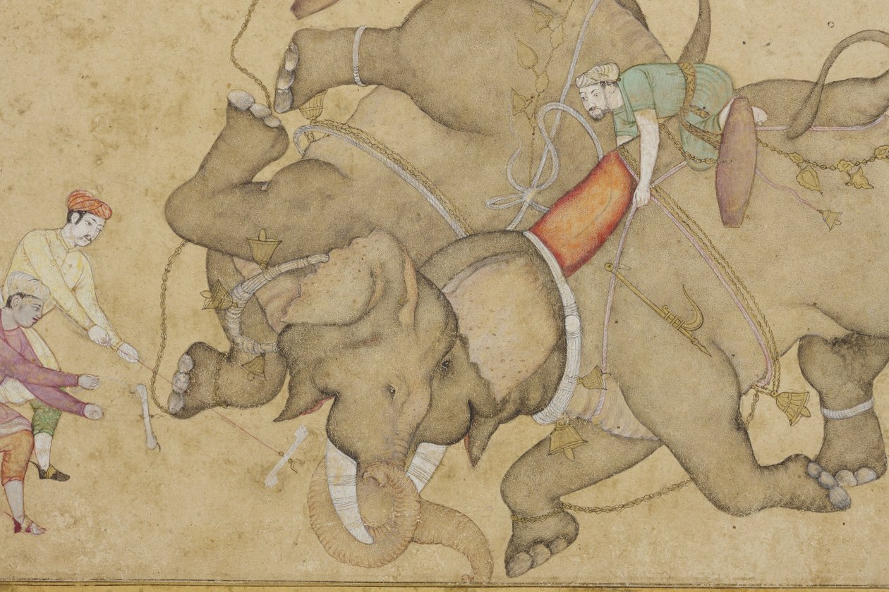Yksityiskohta norsutaistelusta, reunustettu kukka-arabeski, n. 1610 (läpinäkymätön wc ja kultaa paperilla) tekijältä Indian School