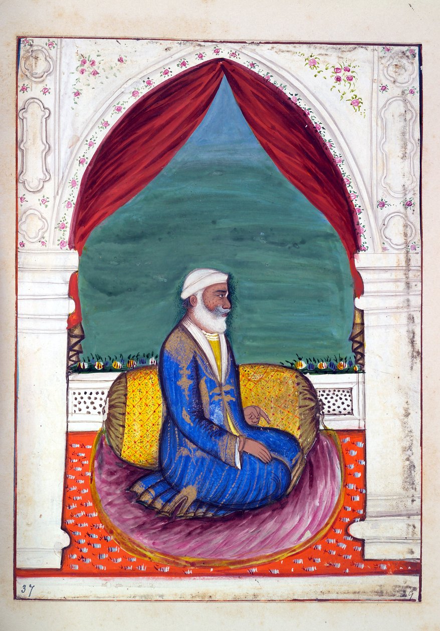 Dewan Ajodia Pershad, kirjasta The Kingdom of the Punjab, sen Rulers and Chiefs, osa II, 30 akvarellitutkimuksen osio tuntemattomalta intialaiselta taiteilijalta, n. 1840 (wc paperilla) tekijältä Indian School