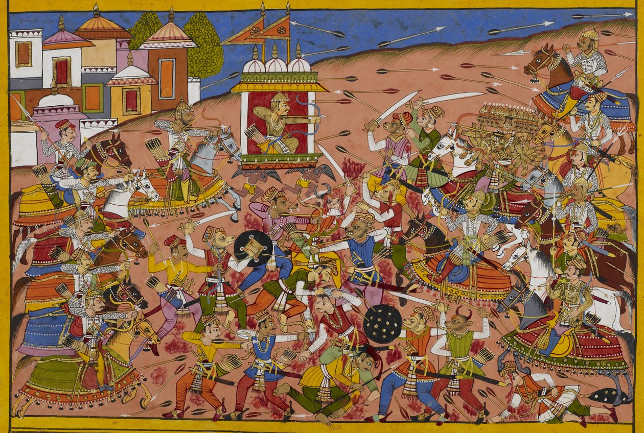 Dhanada taistelee Rāvaṇaa vastaan heidän armeijoidensa välisessä ankarassa taistelussa. tekijältä Indian School