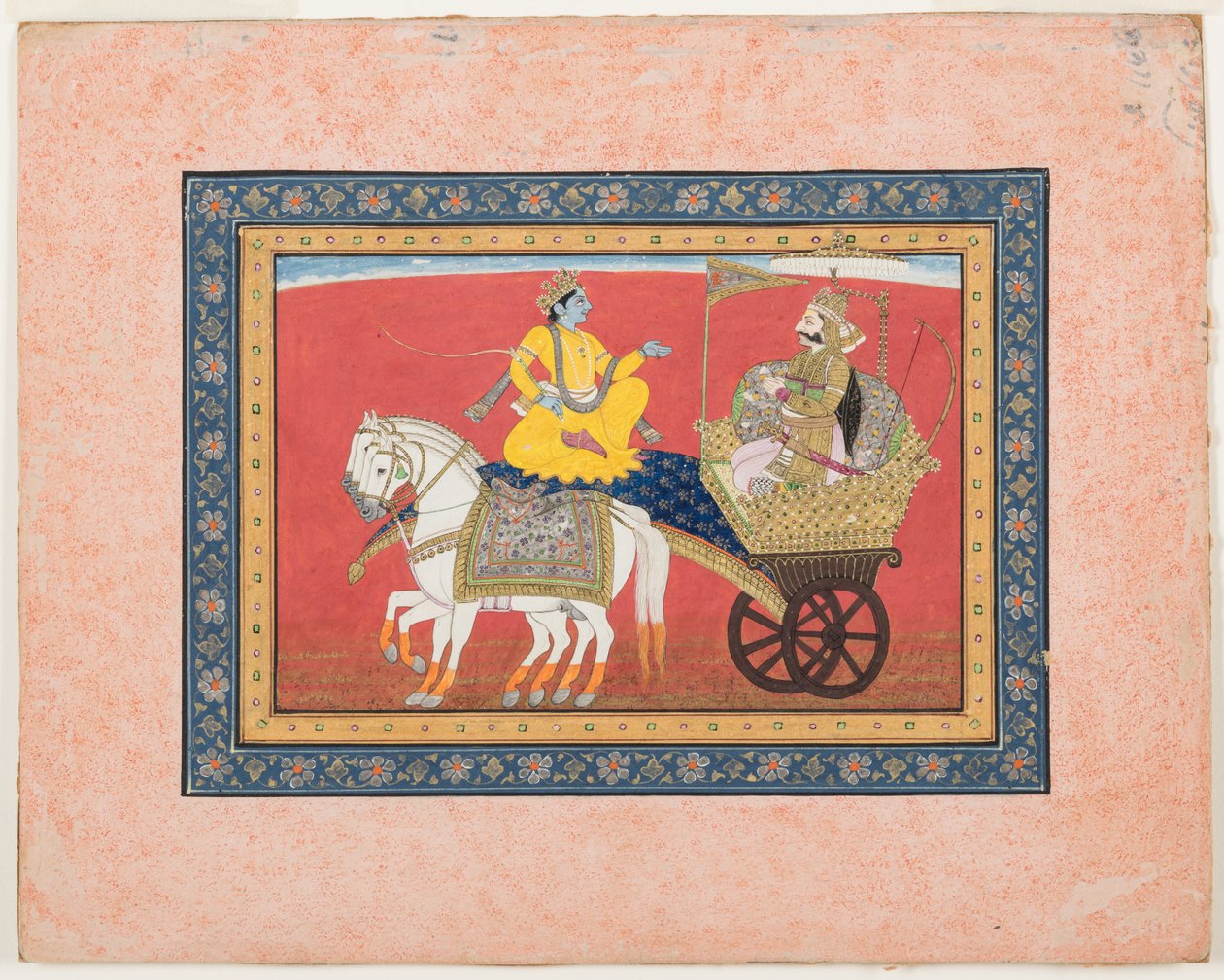 Vuoropuhelu Krishnan ja Arjunan välillä Kurukshetran taistelukentällä, n. 1820 (läpinäkymätön akvarelli ja kulta paperilla) tekijältä Indian School
