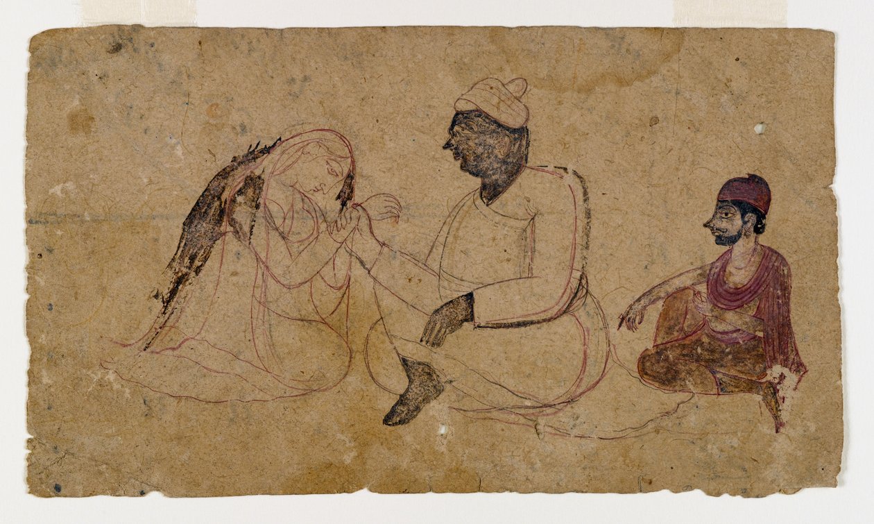 Piirustus kolmesta istuvasta hahmosta, n. 1750 (muste ja väri paperille) tekijältä Indian School