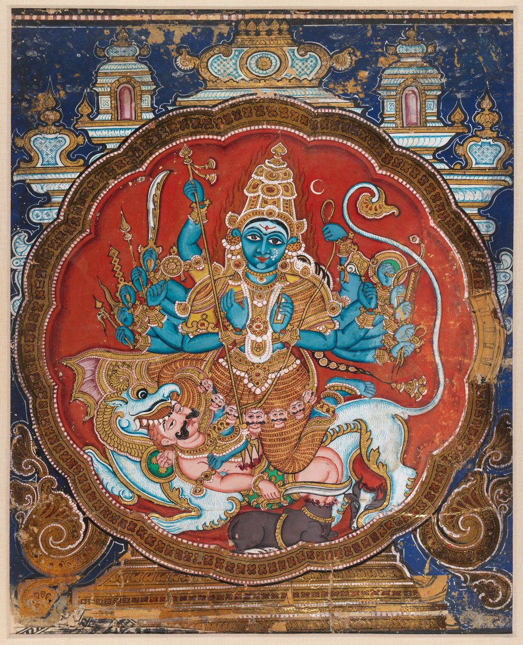 Durga Killing the Buffalo Demon (läpinäkymätön akvarelli, koristeltu kullalla ja lakalla) tekijältä Indian School