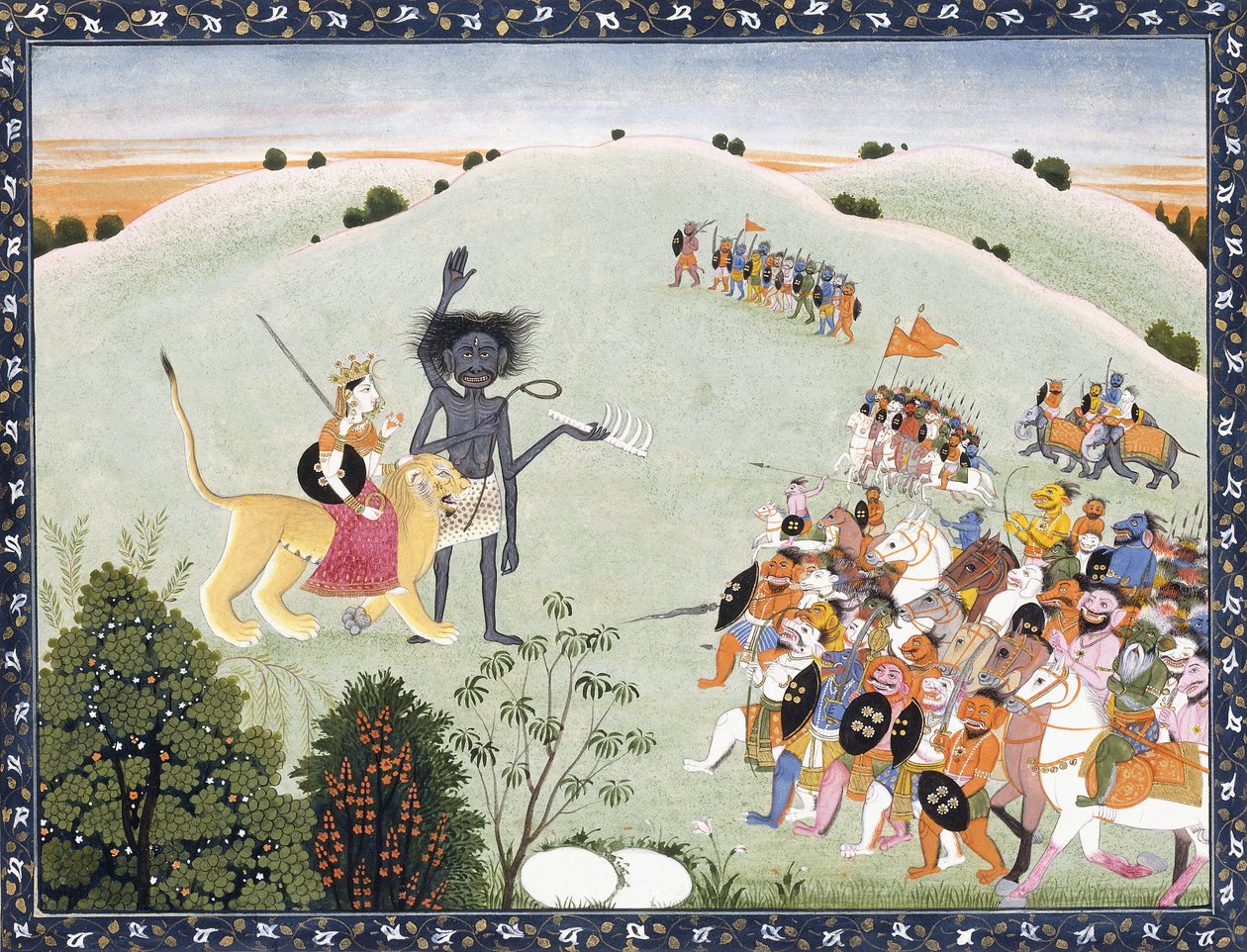 Durga ja Kali seisovat etenevän demonijoukon edessä, n. 1800-1820 tekijältä Indian School