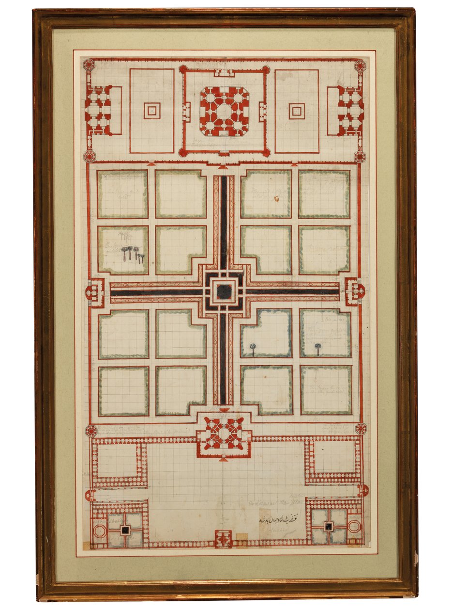 Varhainen kaavamainen suunnitelma Taj Mahalin puutarhoista, Agra, Pohjois-Intia, n. 1805 tekijältä Indian School