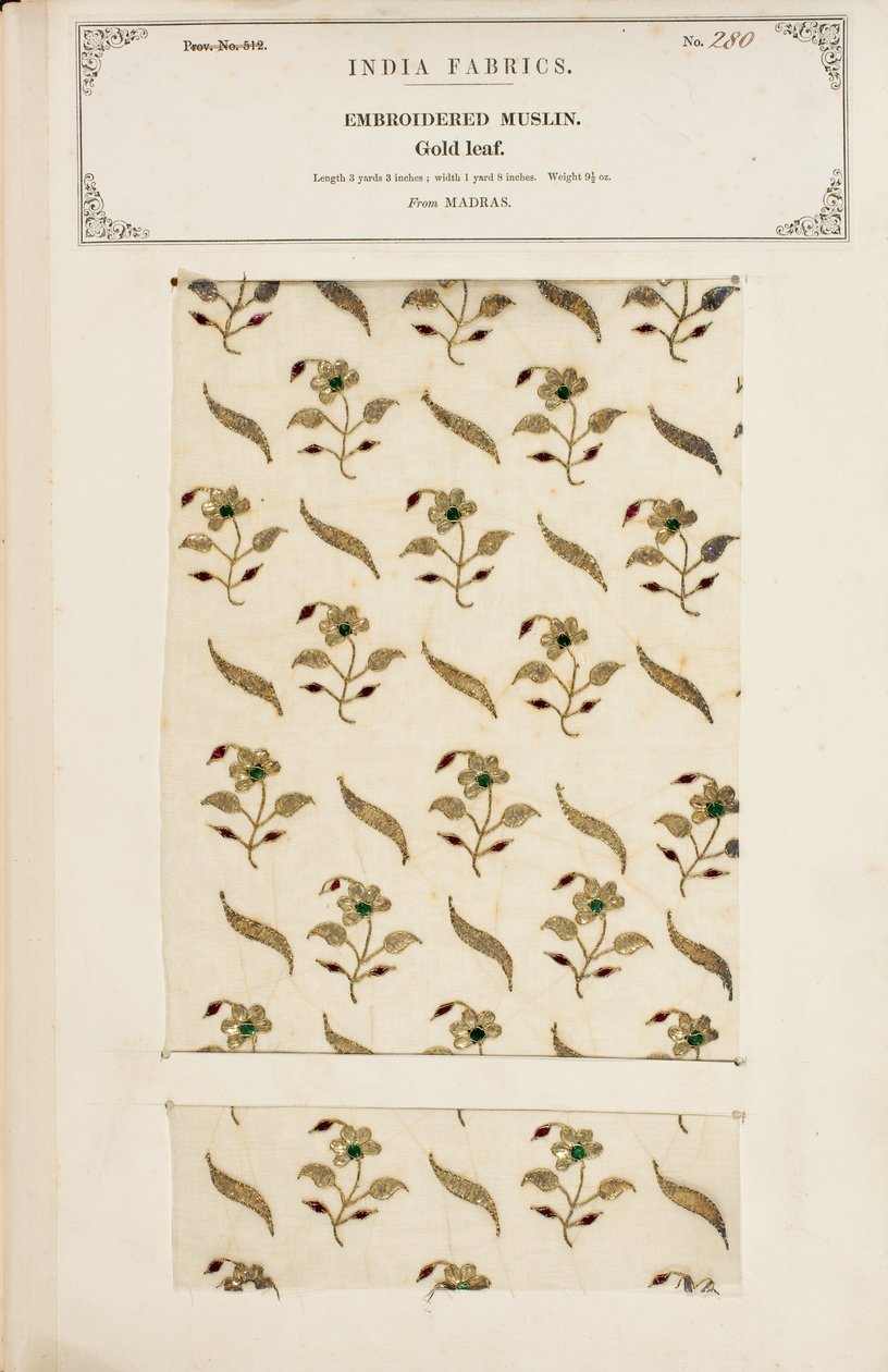 Brodeerattu musliininäyte Madrasista, kokoelmasta The Collection of the Textile Manufacturers of India, John Forbes Watson, julkaistiin vuonna 1866 tekijältä Indian School