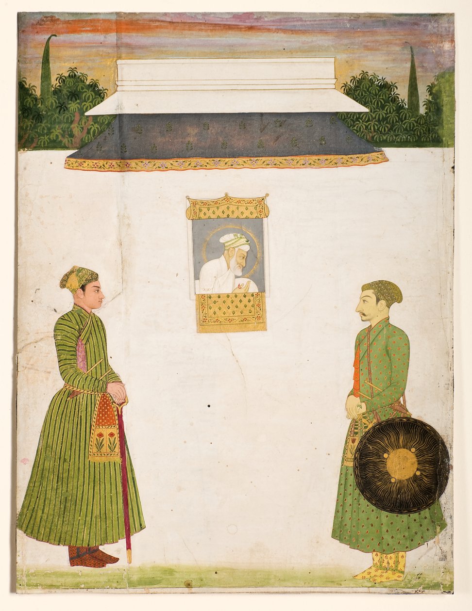 Keisari Aurangzeb jharokha-ikkunan ääressä, etualalla kaksi aatelismiestä, n.1710 (läpinäkymätön wc-kulta paperille). tekijältä Indian School
