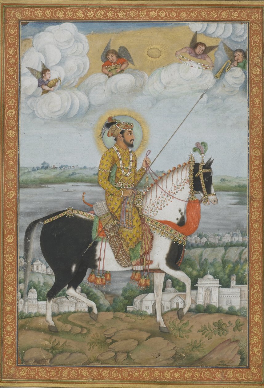 Keisari Shah Jahanin ratsastusmuotokuva Kevorkian-albumista (läpinäkymätön akvarelli ja kulta paperilla) tekijältä Indian School