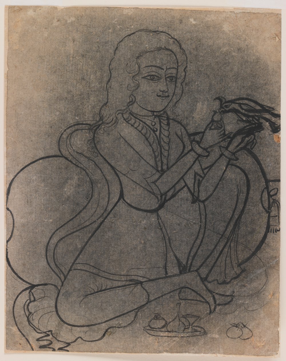 Eurooppalainen tyttö ruokkimassa papukaijaa, n. 1780 (muste paperille, syöksytty siirtoa varten) tekijältä Indian School