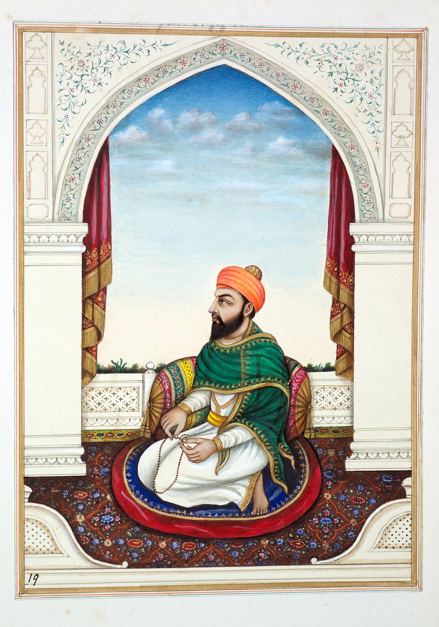 Fakir Syad Aziz-o-Deen, teoksesta Punjabin kuningaskunta, sen hallitsijat ja päälliköt, osa I, 27 akvarellitutkimuksen osio tunnistamattomalta intialaiselta taiteilijalta, n. 1840 (wc paperilla) tekijältä Indian School
