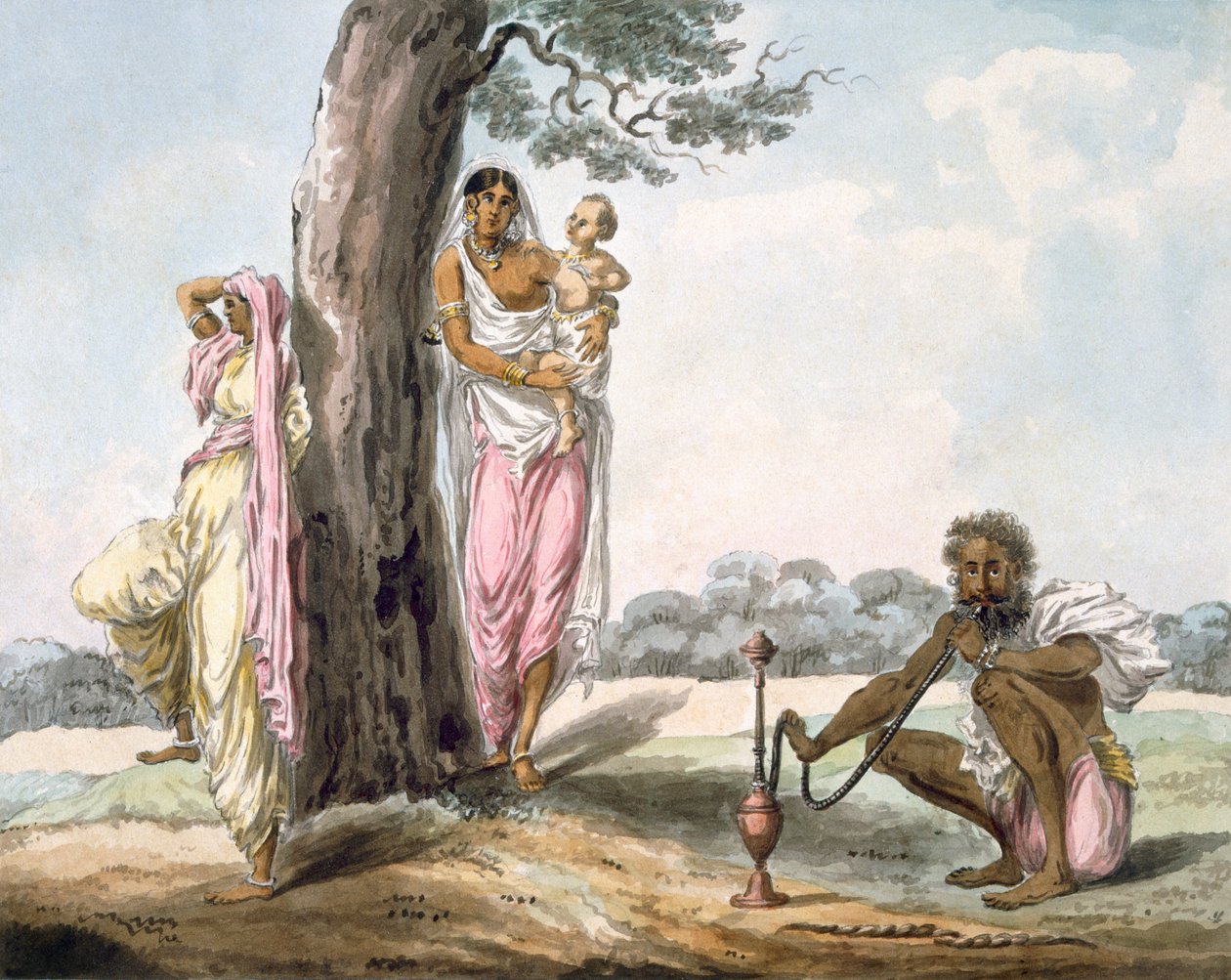 Perhe: Mies polttaa vesipiippua ja tyttö joogaamassa, c1850. tekijältä Indian School