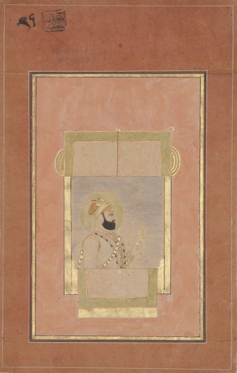 Farrukh Siyyar istuu ikkunalla, kädessään kultainen sarpech, n. 1715 (läpinäkymätön wc ja kultaa paperilla) tekijältä Indian School