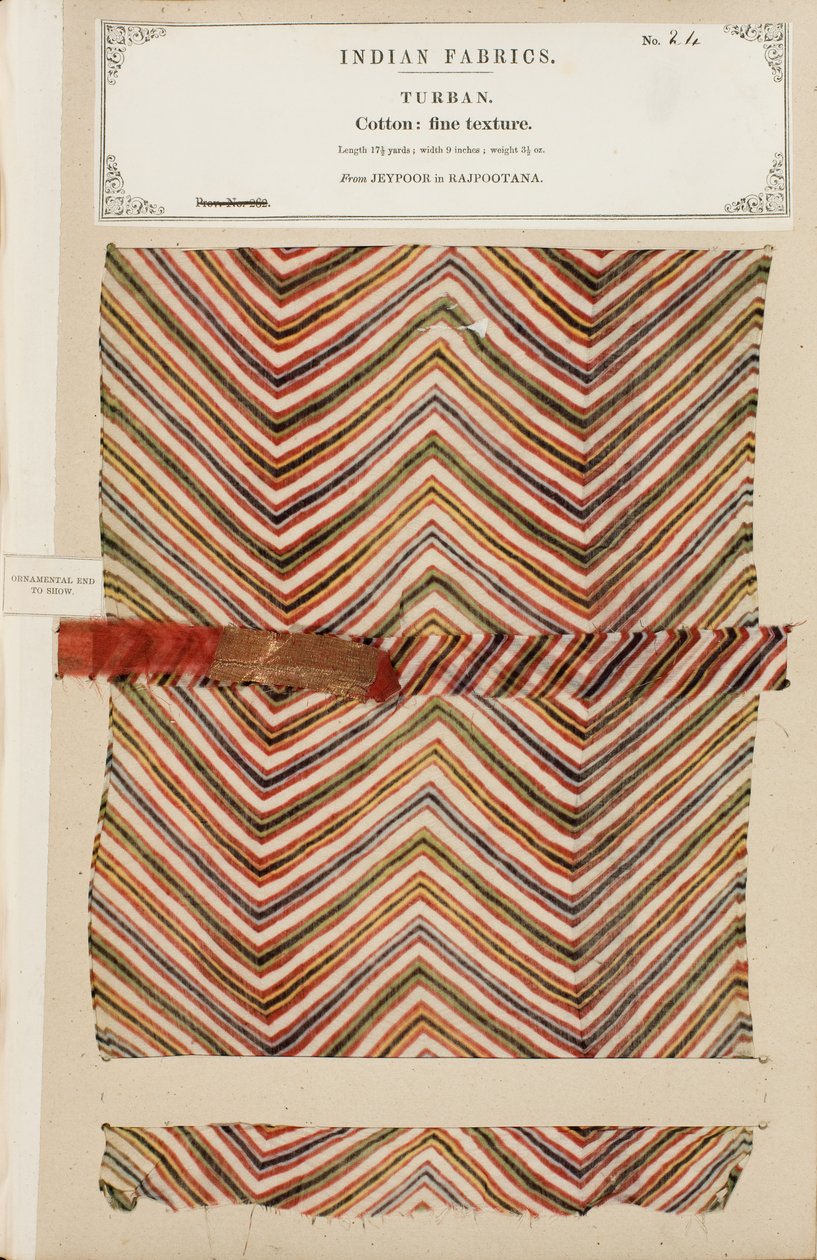 Hieno puuvillaturbaaninäyte Jeypoorista Rajpootanassa, kokoelmasta The Collection of the Textile Manufacturers of India, kirjoittanut John Forbes Watson, julkaistu vuonna 1866 tekijältä Indian School