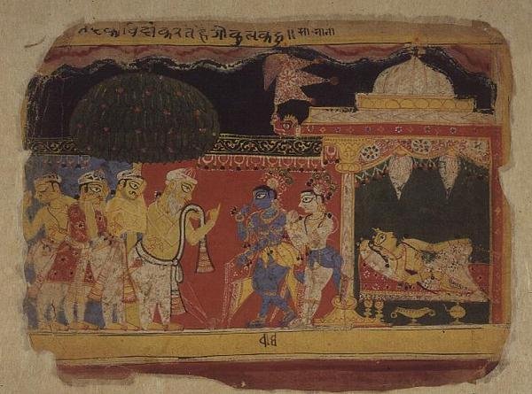 Folio. Nanda jättää jäähyväiset Krishnalle ja Balaramalle "Bhagavita Puranassa", Rajasthanissa tekijältä Indian School