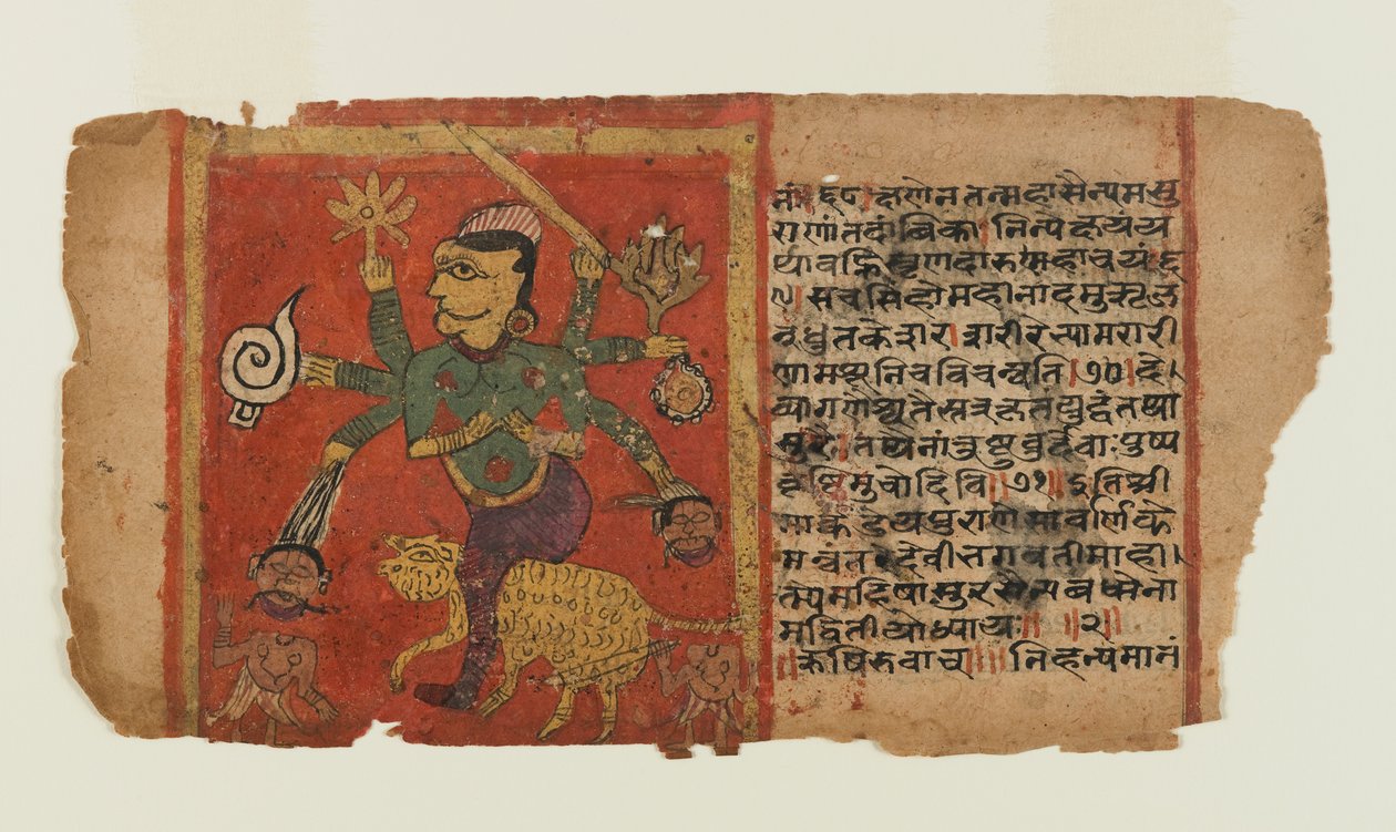 Folio Dispersed Devi -sarjasta: Durga tappaa demonit (muste ja läpinäkymätön akvarelli paperilla) tekijältä Indian School