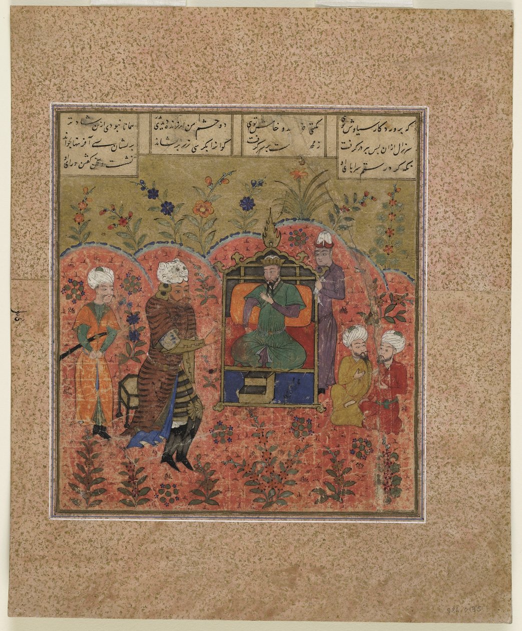 Folio Shahnamasta (Kuninkaiden kirja), kirjoittanut Firdawsi (k. 1020); Rustam ennen Kay Kausia (läpinäkymätön vesiväri, muste ja kulta paperille) tekijältä Indian School