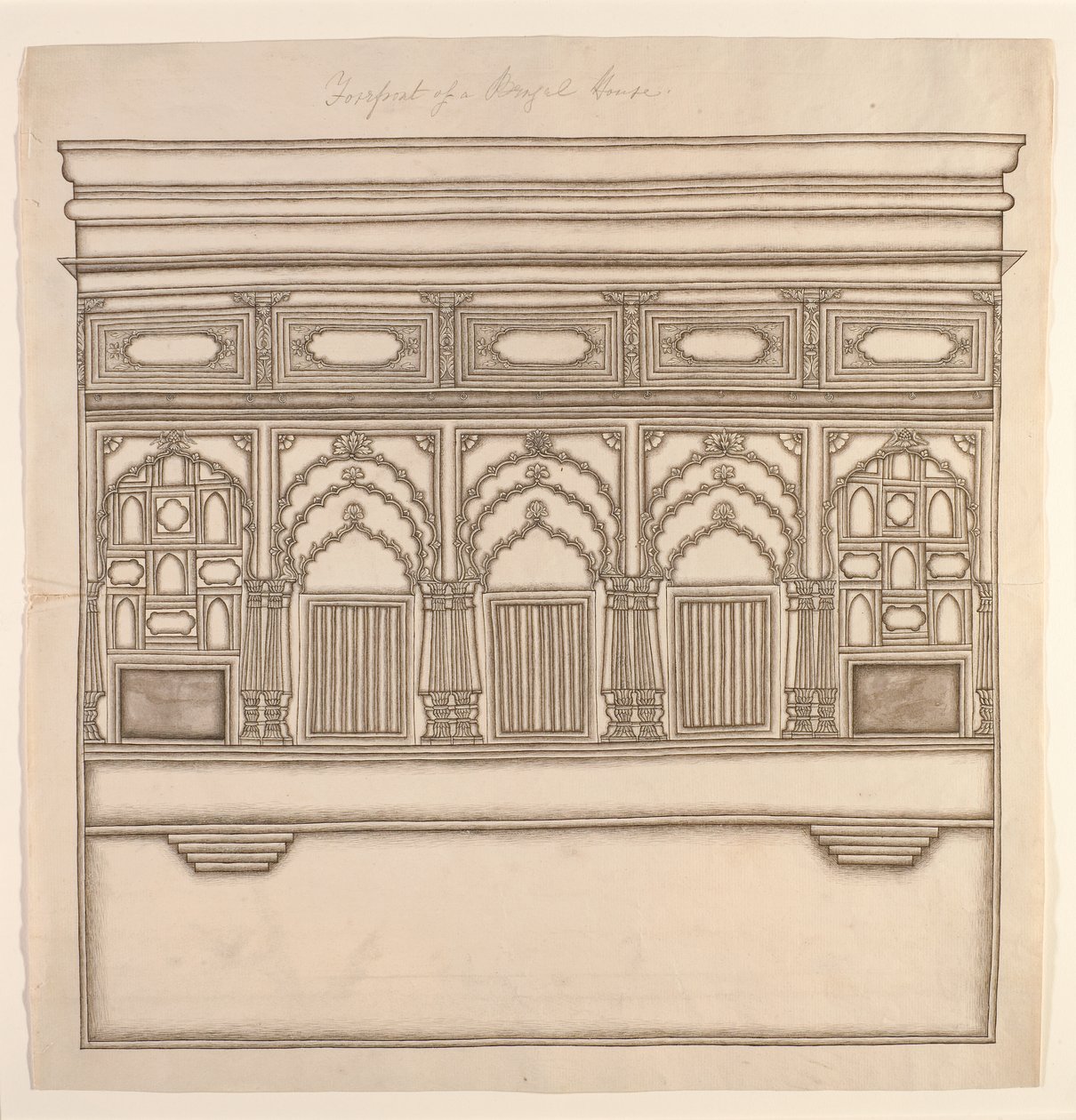 Bengalitalon eturintama, n. 1820 (läpinäkymätön wc paperilla) tekijältä Indian School