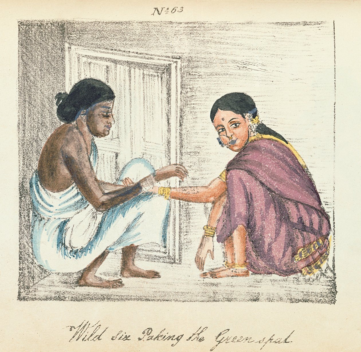 Ennustelija ja nainen julkaisusta "A Digest of the different Castes of India", kirjoittanut Venkata Ramasvani, julkaisi Madras 1837 (väri litho) tekijältä Indian School