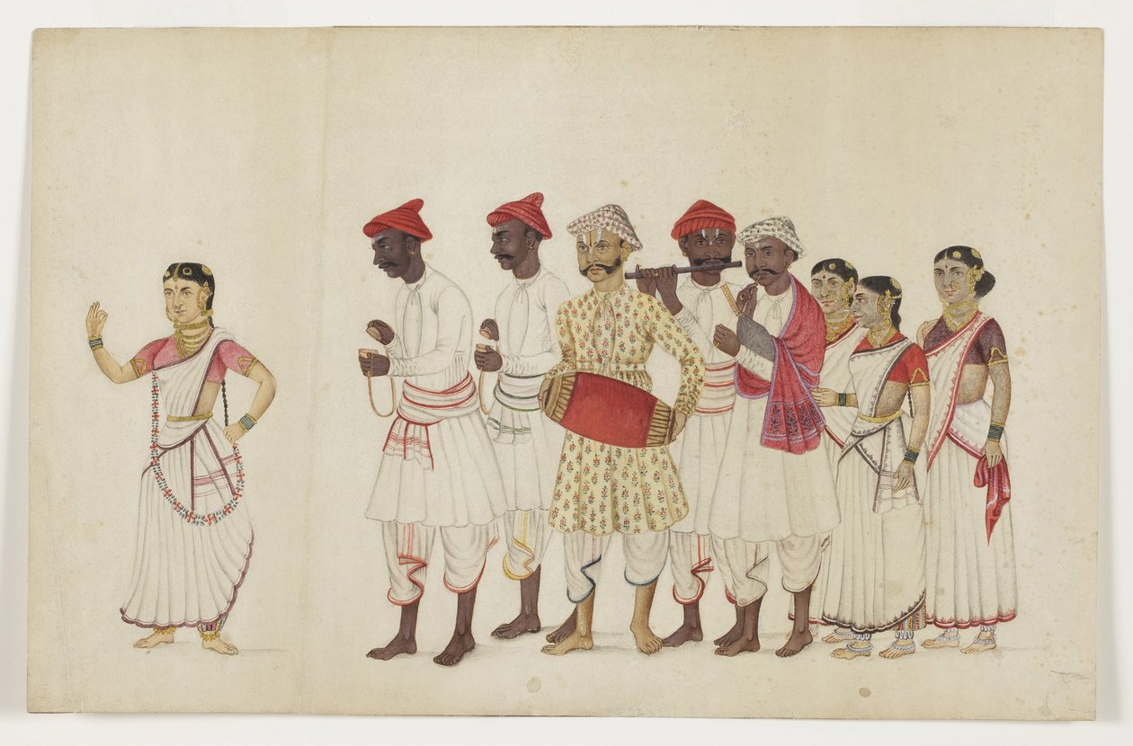 Neljä naistanssijaa kulkueessa muusikoiden kanssa, n. 1830 (läpinäkymätön wc ja kultaa paperilla) tekijältä Indian School