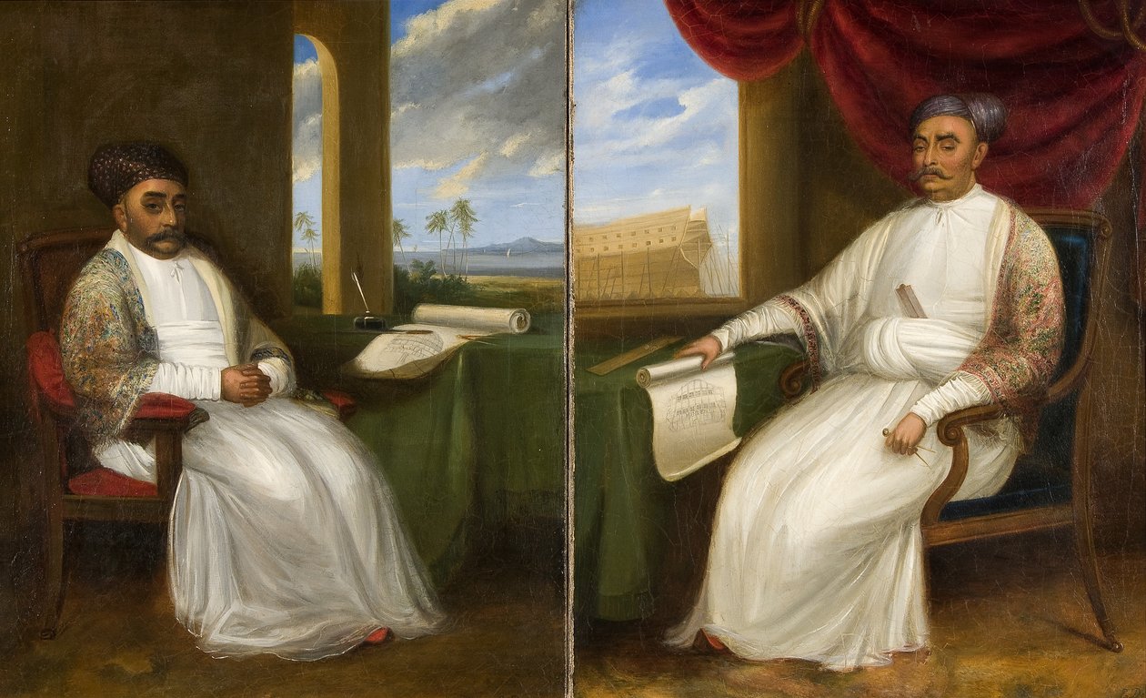 Täyspitkä muotokuva Parsi-laivanrakentaja Jamsetjee Bomanjeesta ja hänen pojastaan Nourojee Jamsetseen, 1830 tekijältä Indian School
