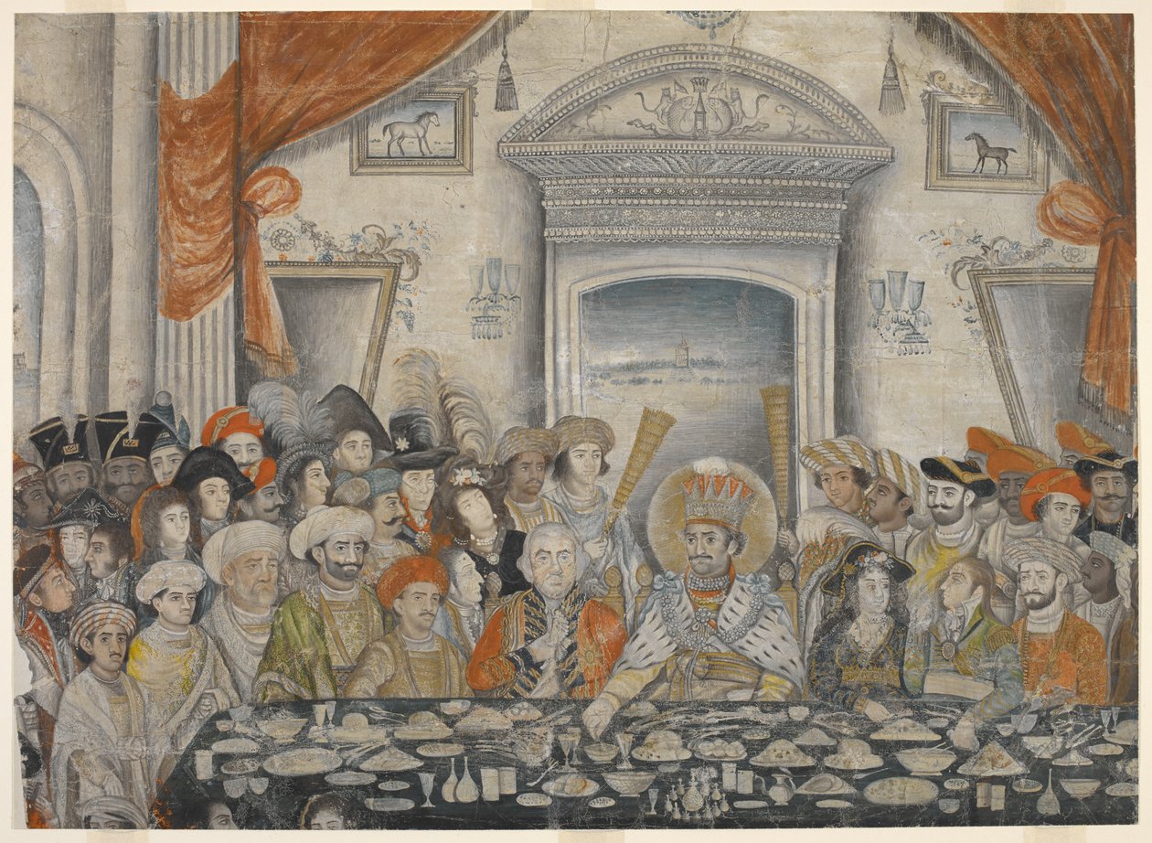 Ghazi-al-din Haidar (nawab ja vuoden 1819 jälkeen Oudhin kuningas 1814-27) kutsuu lordi ja lady Moiraa juhlaillalliselle palatsissaan, noin 1820-22 (käsikirjoitus). tekijältä Indian School