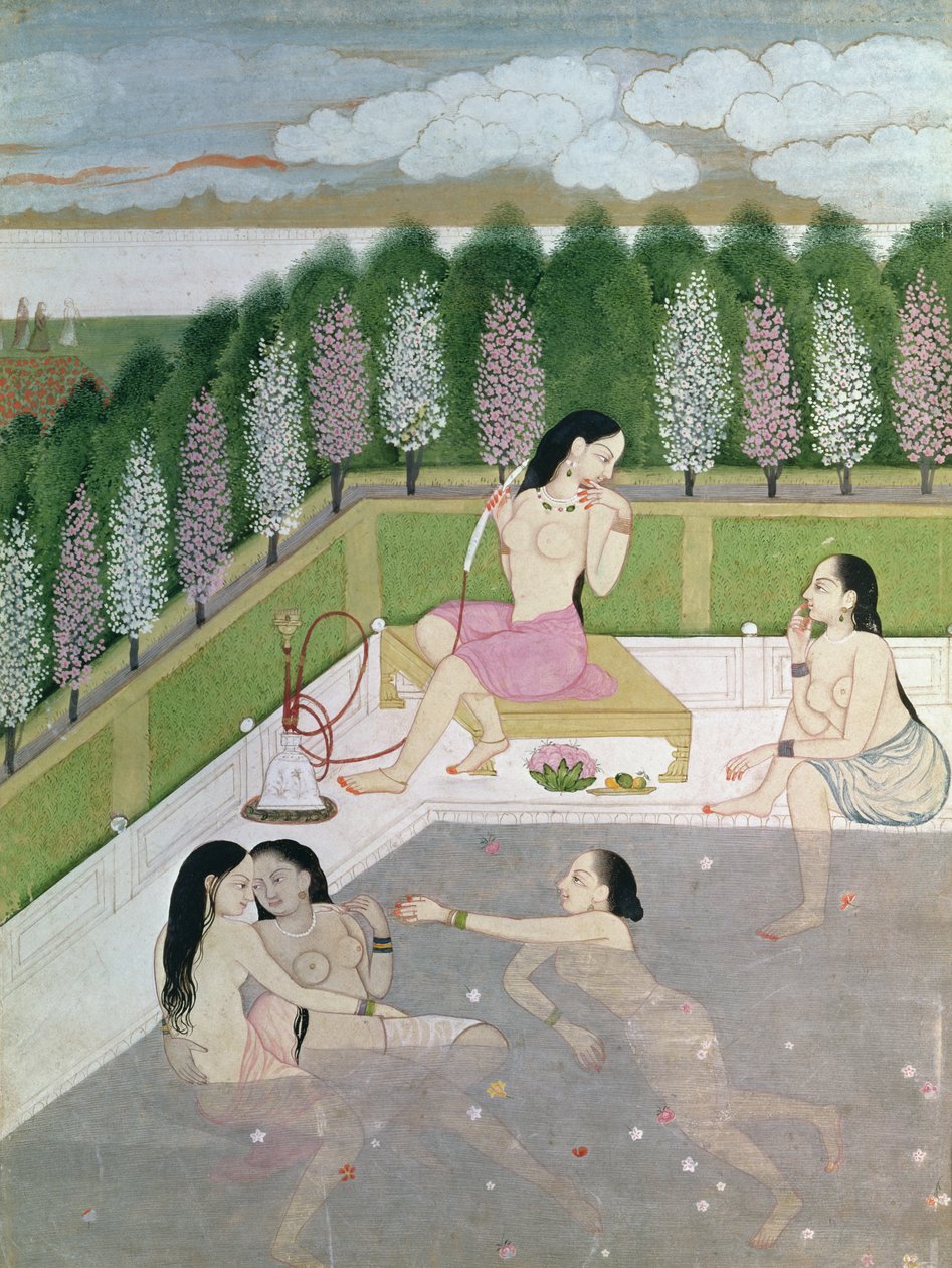 Tyttöjen kylpeminen, Pahari-tyyli, Kangra-koulu, Himachal Pradesh, 1700-luku tekijältä Indian School