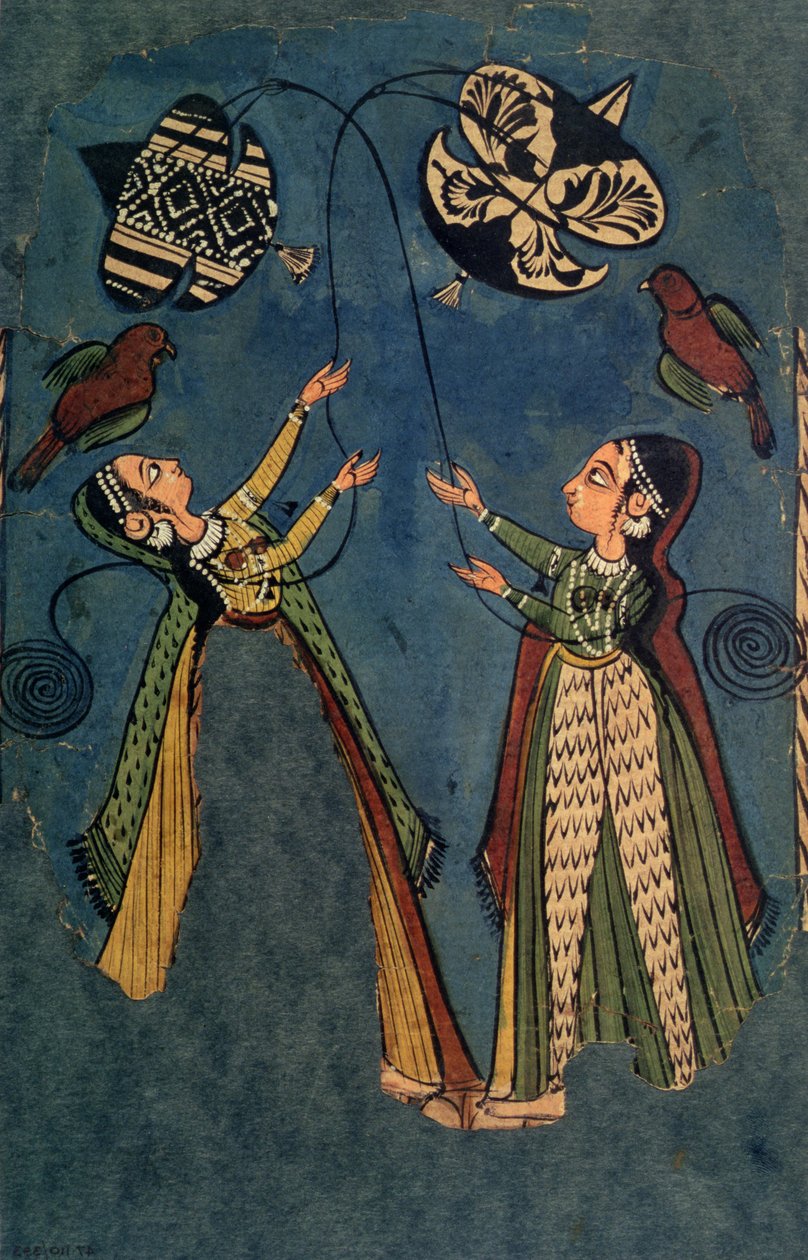 Girls Flying Kits, Kullu Folk Painting, Himachal Pradesh tekijältä Indian School