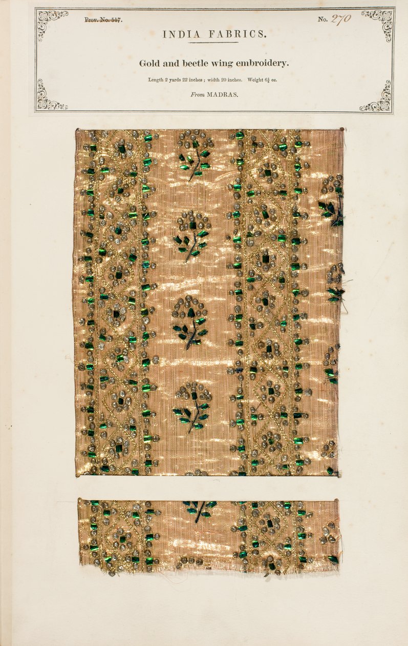 Kulta- ja kovakuoriaiskirjontanäyte Madrasista, John Forbes Watsonin kokoelmasta The Collection of the Textile Manufacturers of India, julkaistu vuonna 1866 (sekoitettu media) tekijältä Indian School