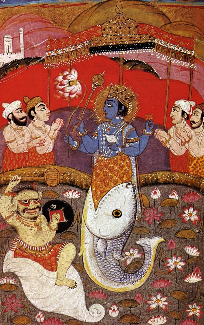 HINDUSMI Vishnu, hindujen kolminaisuuden toinen jumaluus, 1900-luku (painettu) tekijältä Indian School