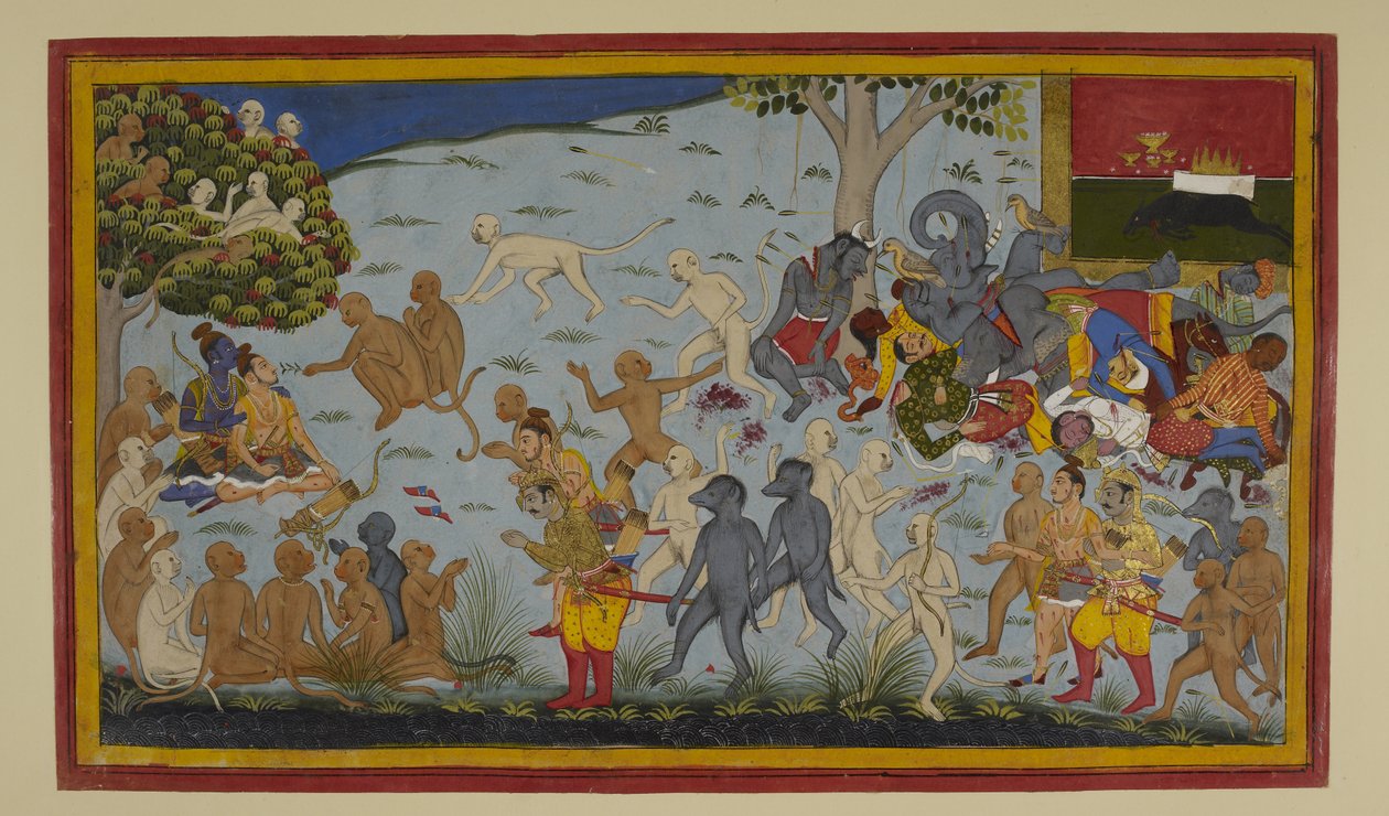Hanumān ja Vibhīṣaṇa tuovat haavoittuneen Lakṣmaṇan Rāman luo, joka parantaa hänet. tekijältä Indian School