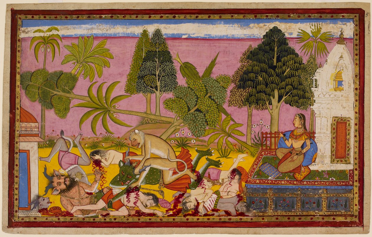 Hanumān hyökkää demonien kimppuun, tuhoaa huvipuutarhan ja kukistaa Rāvaṇan joukot Sītān seuratessa. 1653 (pienoiskuva) tekijältä Indian School