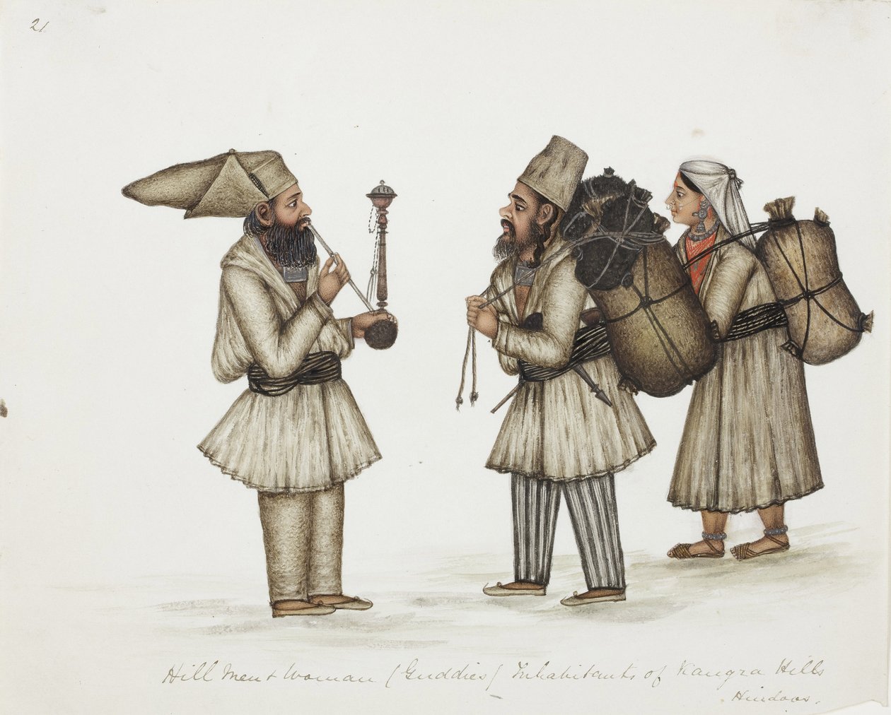 Hill Men and Woman (Guddies) Kangra Hills Hindoosin asukkaat, n. 1840 (läpinäkymätön wc paperilla) tekijältä Indian School