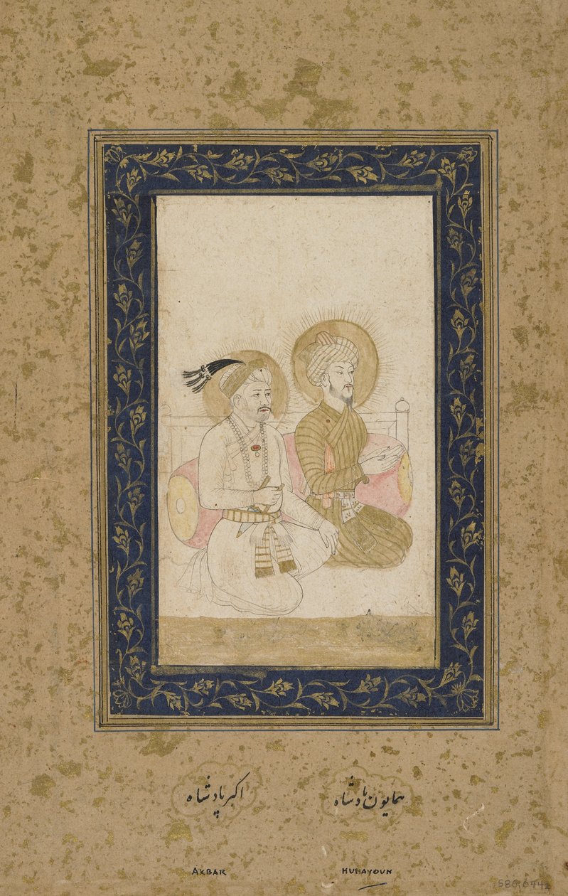 Humayun ja Akbar, erillinen albumifolio, n. 1900 tekijältä Indian School